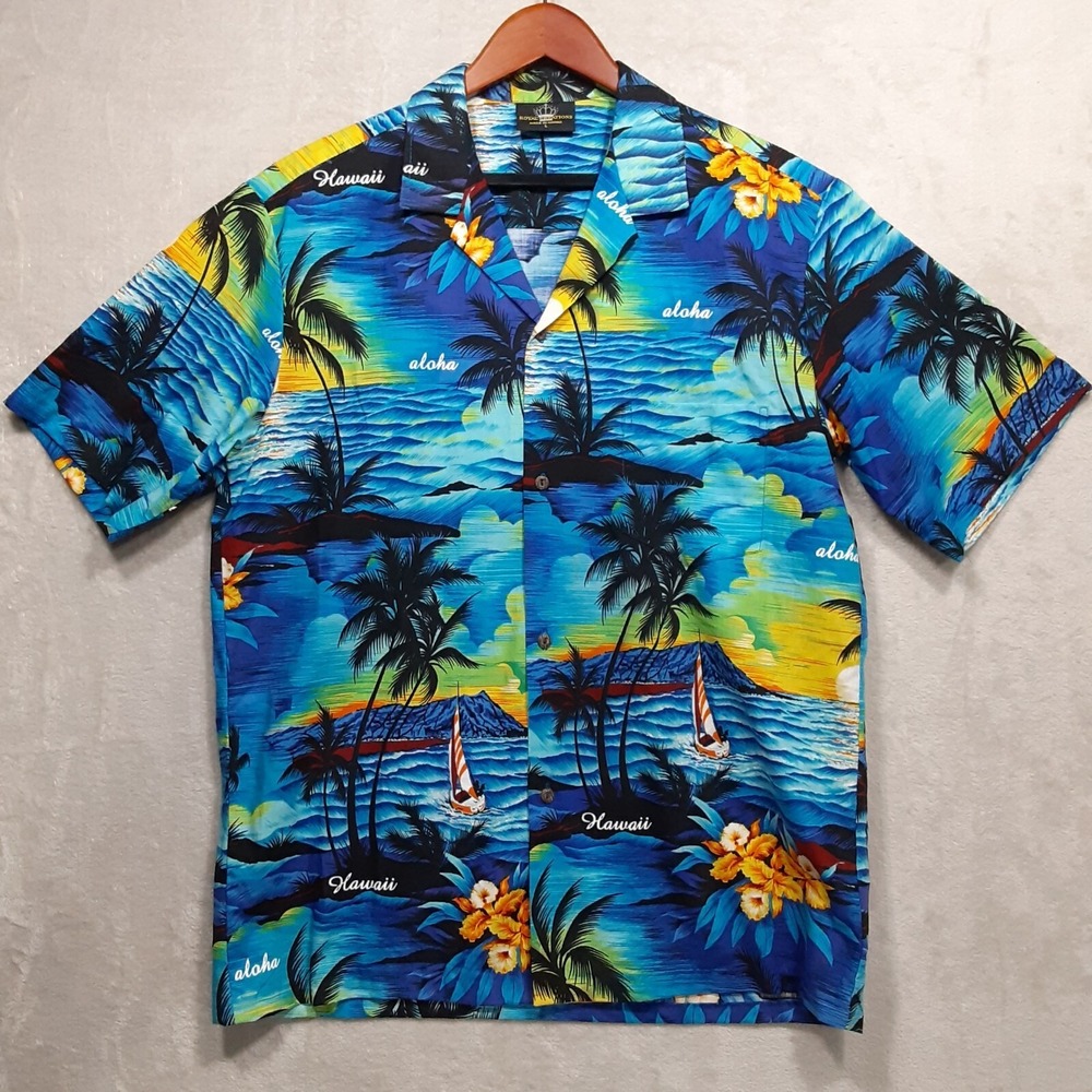 Royal Creations Mens S/S Button Up Hawaiian Shirt Sz.L/Blue/Vintage/Aloha/Night